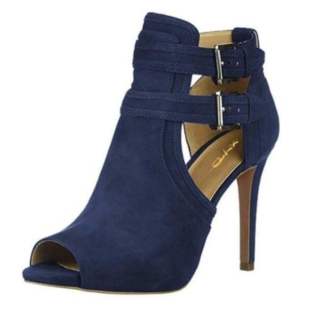 XYD Women Blue Peep Toe Ankle Bootie High Heels Buckled Straps Cutout Shoes